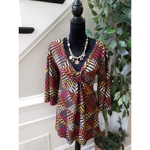 Women's One World Multicolor Tunic Top L Boho V Neck 3/4 Sleeve Stretch Knit - Picture 1 of 12